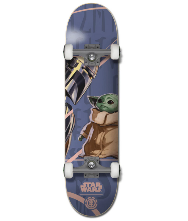 The ELEMENT STARWARS MANDO CHILD 7.75 COMPLETE skateboard by ELEMENT features Star Wars artwork with Grogu (Baby Yoda) and Mando on a purple background, plus the Star Wars logo near the bottom.