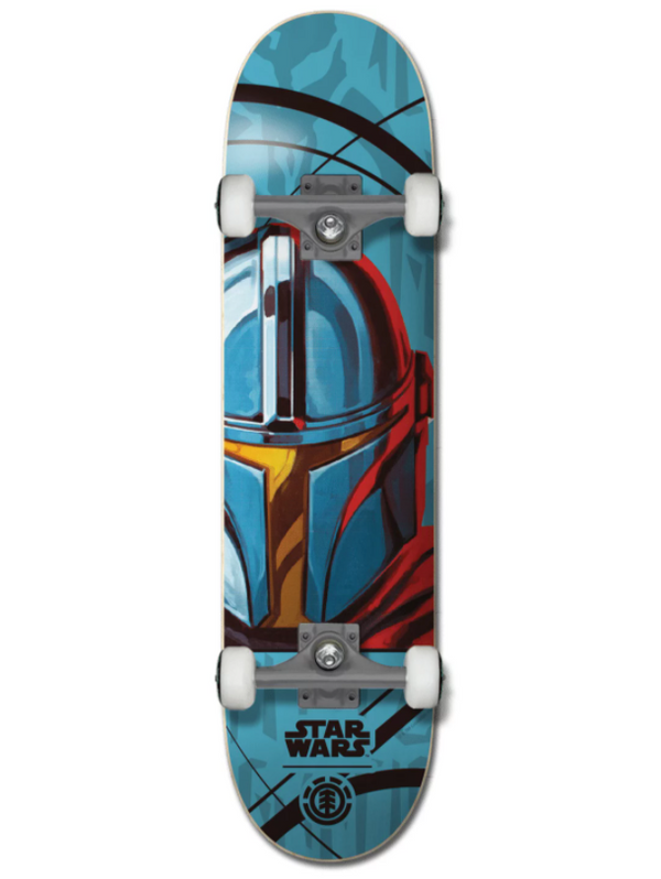 The ELEMENT STARWARS MANDO 7.75 COMPLETE features a blue background with the Mandalorian helmet and Star Wars logo—an epic skateboard from ELEMENT for Star Wars fans.