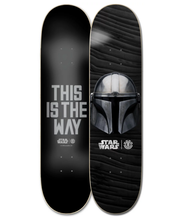 Introducing the ELEMENT STARWARS BESKAR 8.0 skateboard decks by ELEMENT. The left deck features a bold "THIS IS THE WAY" design with the StarWars logo at the bottom, while the right deck showcases a striking Beskar helmet, also adorned with the StarWars logo underneath. Both decks capture the essence of galactic adventure.