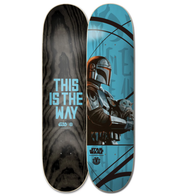 Two ELEMENT STARWARS MANDO CHILD 8.25 skateboard decks: one features "THIS IS THE WAY" text, while the other has Mando and Grogu artwork on a blue background.
