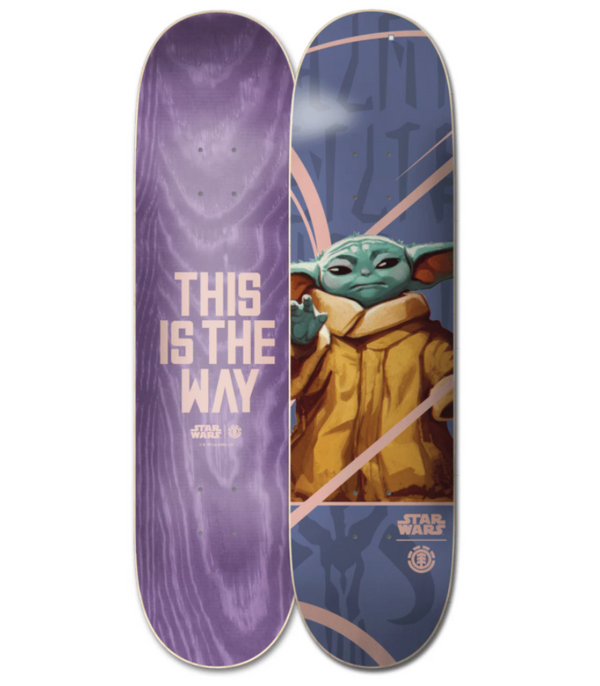 Two skateboard decks: an 8.0 deck with "THIS IS THE WAY" on purple, and the ELEMENT STARWARS CHILD 7.75 by ELEMENT featuring Grogu (Baby Yoda) and the iconic Star Wars logo.