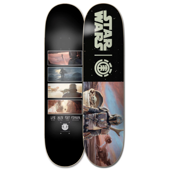 The ELEMENT STARWARS HUNTER AND PREY 8.0 skateboard deck by ELEMENT features Hunter and Prey-themed artwork, including The Mandalorian scenes, logo, and title.