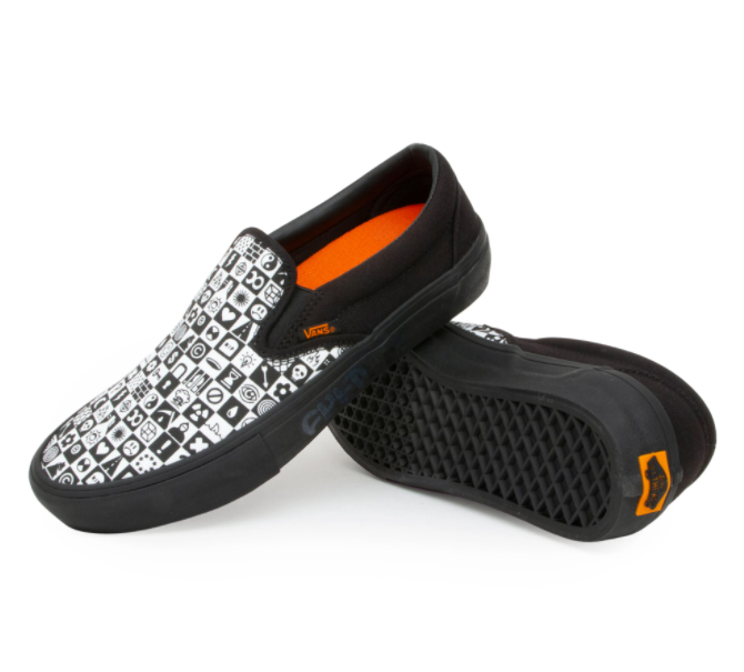 VANS X CULT SLIP ON PRO BLACK CHECKER shoes in black and orange.