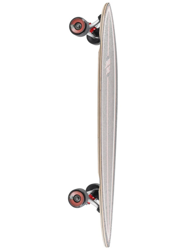 The side of the crusier board with attached wheels that are red and black
