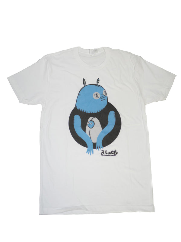 A BLUETILE BABY BLUE T-SHIRT WHITE with a blue monster on it.