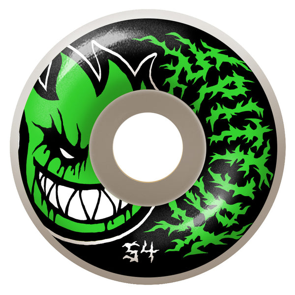 A SPITFIRE skateboard with a green and black design on it.