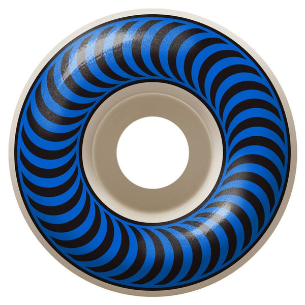 The SPITFIRE CLASSICS 99D 56MM skateboard wheel features a black and blue spiral design on the outside and a plain white interior, offering durability, optimal control, and speed for skaters.