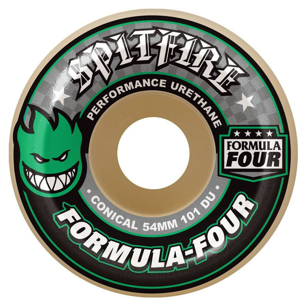 A skateboard wheel labeled "SPITFIRE FORMULA FOUR 101 CONICALS, GREEN PRINT" from the brand SPITFIRE, features performance urethane, a conical shape, a diameter of 54mm, and a durometer of 101. The design includes a green face logo.