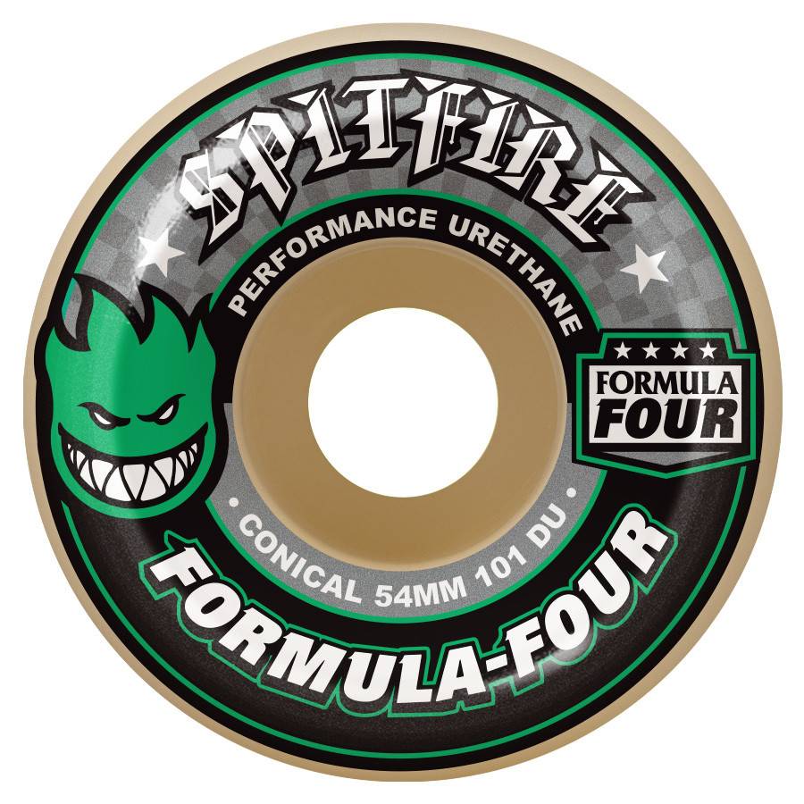 A skateboard wheel labeled "SPITFIRE FORMULA FOUR 101 CONICALS, GREEN PRINT" from the brand SPITFIRE, features performance urethane, a conical shape, a diameter of 54mm, and a durometer of 101. The design includes a green face logo.