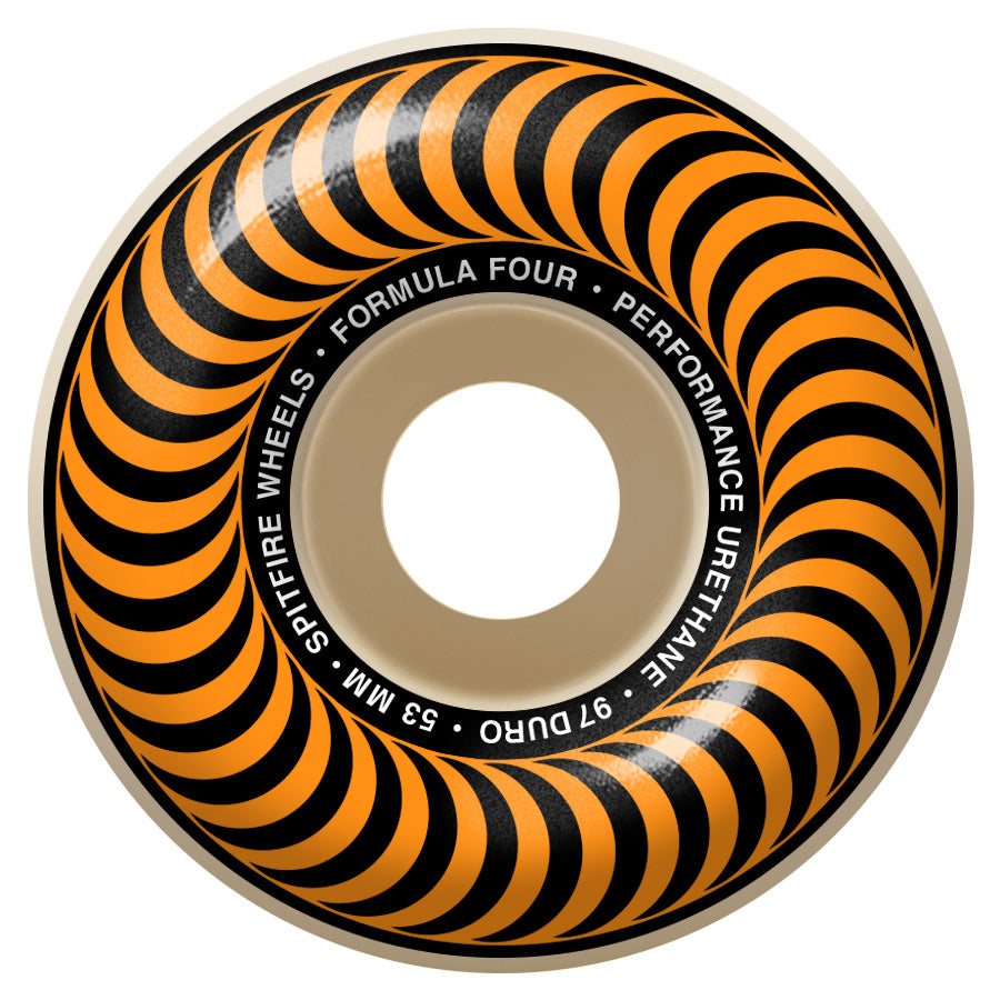 Black and orange striped skateboard wheel with brand logo, SPITFIRE F4 CLASSICS 97D 53MM.
