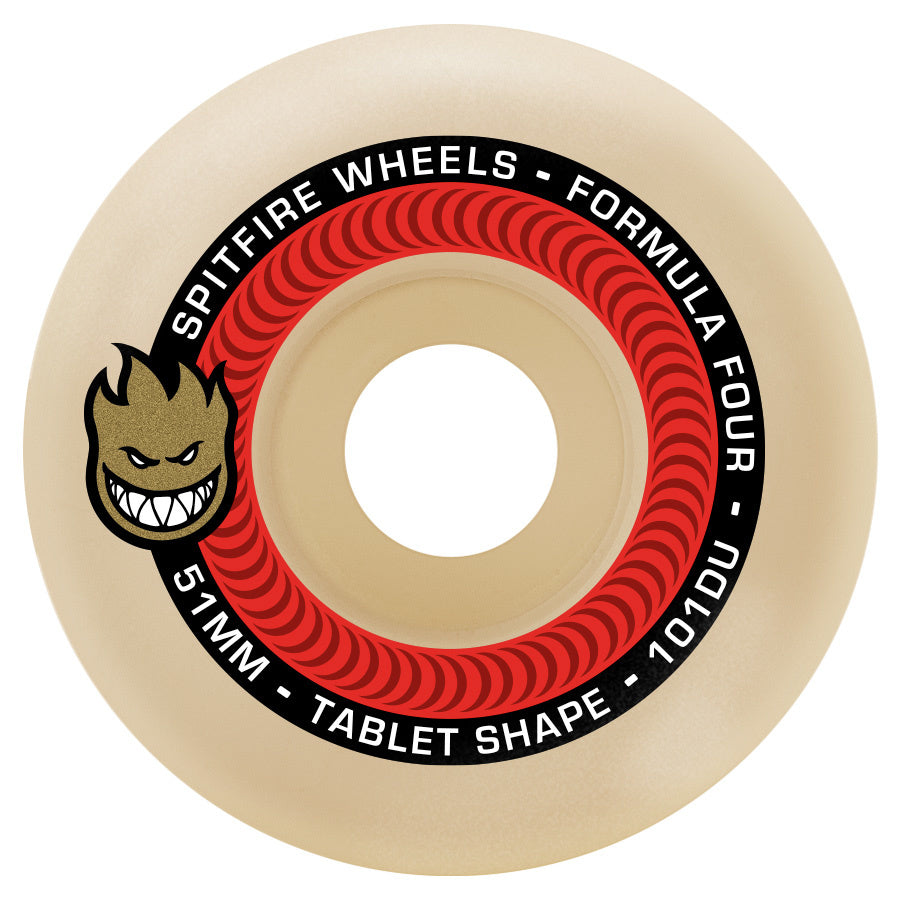 Skateboard wheel with SPITFIRE branding and the Formula Four design in red and black colors, sized at 53MM.