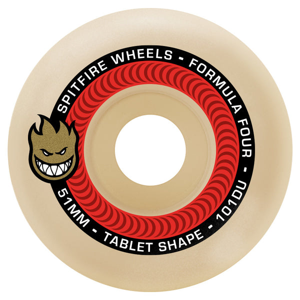 Red and black SPITFIRE FORMULA FOUR skateboard wheel with logo and text indicating the brand, size, and shape.
