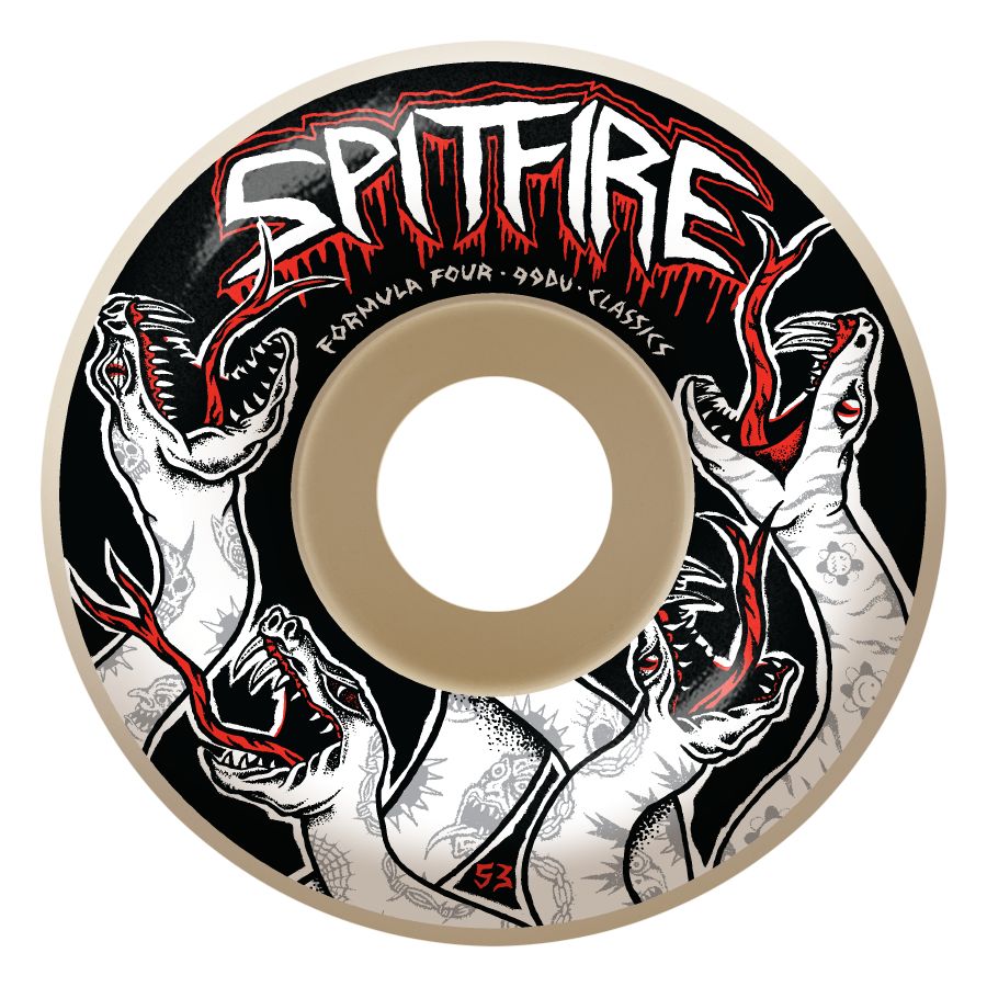 A SPITFIRE skateboard wheel with a black and white design.