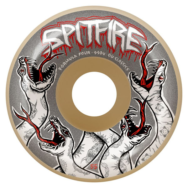 a SPITFIRE skateboard wheel with an image of snakes.