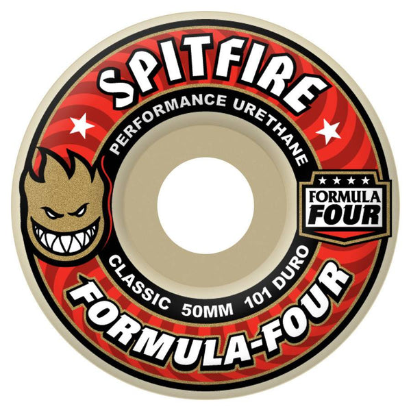 A skateboard wheel featuring a black and red design with the text "SPITFIRE FORMULA FOUR," "PERFORMANCE URETHANE," and "CLASSIC 50MM 101 DURO." It also showcases a flame logo and stars, representing the SPITFIRE FORMULA FOUR 101D CLASSIC from the brand SPITFIRE.