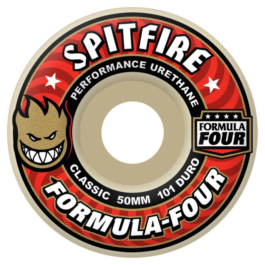 A skateboard wheel featuring a black and red design with the text "SPITFIRE FORMULA FOUR," "PERFORMANCE URETHANE," and "CLASSIC 50MM 101 DURO." It also showcases a flame logo and stars, representing the SPITFIRE FORMULA FOUR 101D CLASSIC from the brand SPITFIRE.
