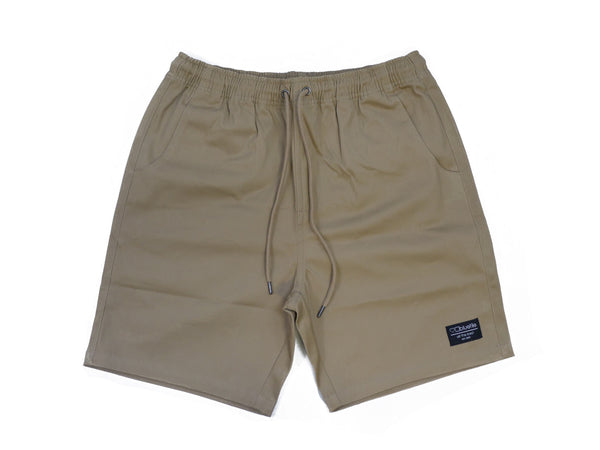 A pair of BLUETILE SURPLUS DRAWSTRING SHORT KHAKI shorts with an elastic waistband and drawstring. (Brand Name: Bluetile Skateboards)