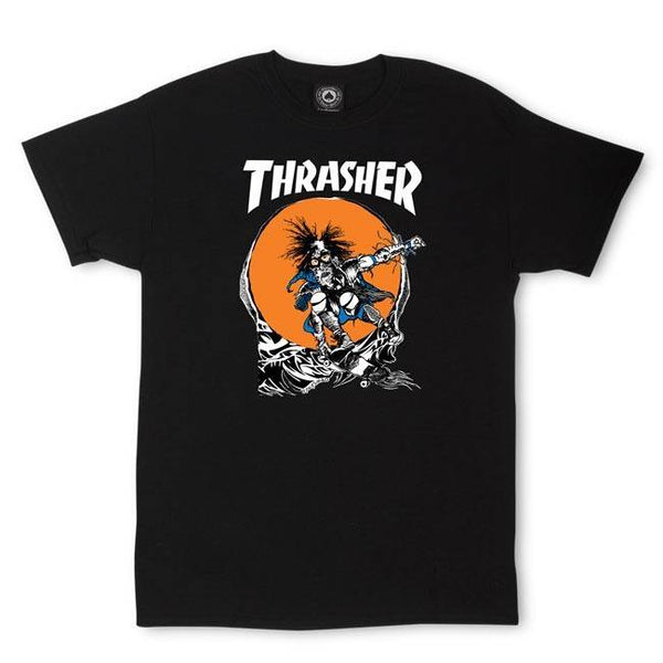 The black THRASHER MAGAZINE SKATE OUTLAW BY PUSHEAD T-shirt from THRASHER features the "Thrasher" text and a graphic of a warrior holding a weapon against an orange background.