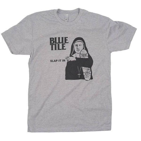 A bestselling BLUETILE SLAP IT IN RMX T-SHIRT GRAY / BLACK with an image of a nun.