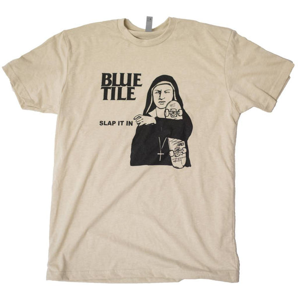 Instantly cooler BLUETILE SLAP IT IN RMX T-SHIRT CREAM / BLACK t-shirt in a vibrant colorway by Bluetile Skateboards.