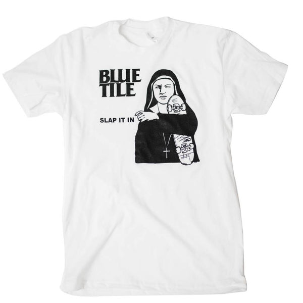 A Bluetile Skateboards white t-shirt with an image of a nun holding a knife in the BLUETILE SLAP IT IN RMX T-SHIRT WHITE / BLACK.