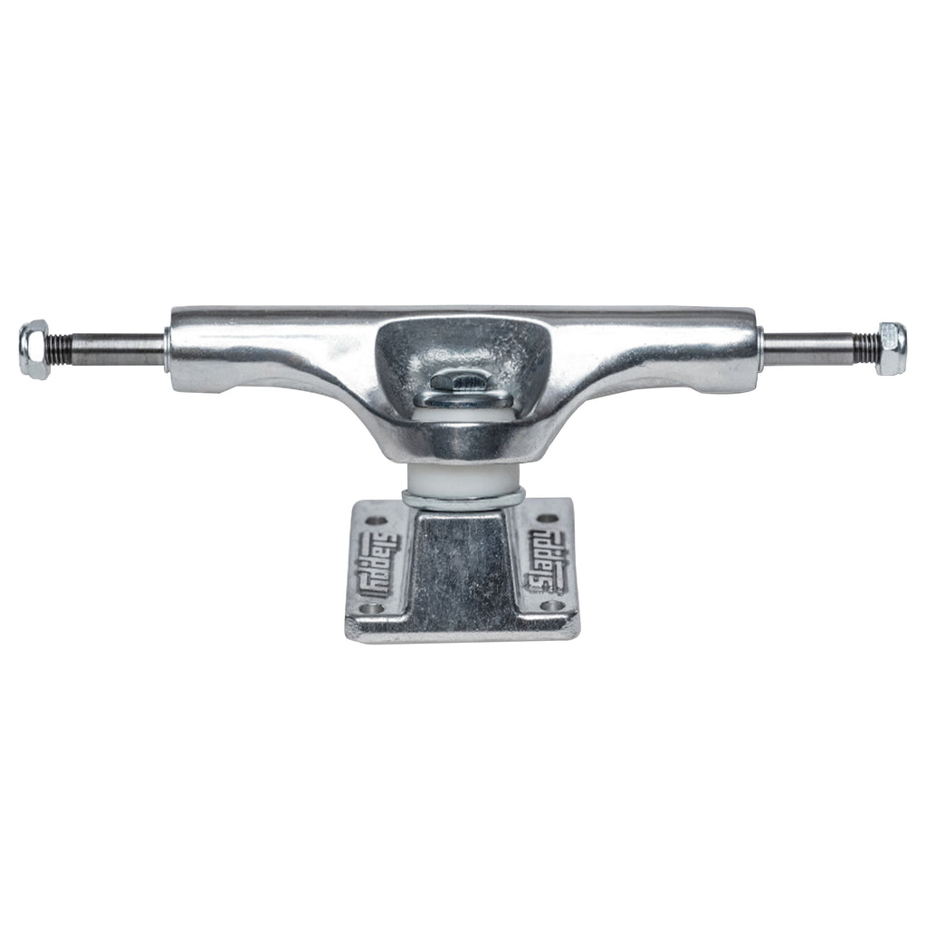 A silver SLAPPY TRUCKS skateboard truck with MAX KINGPIN CLEARANCE on a white background.
