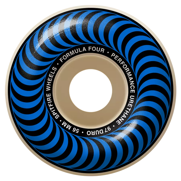 The SPITFIRE F4 CLASSICS 97D 56MM skateboard wheel by SPITFIRE delivers high-performance and classic quality, featuring a black and blue spiral design for skaters seeking top-tier 56mm wheels.