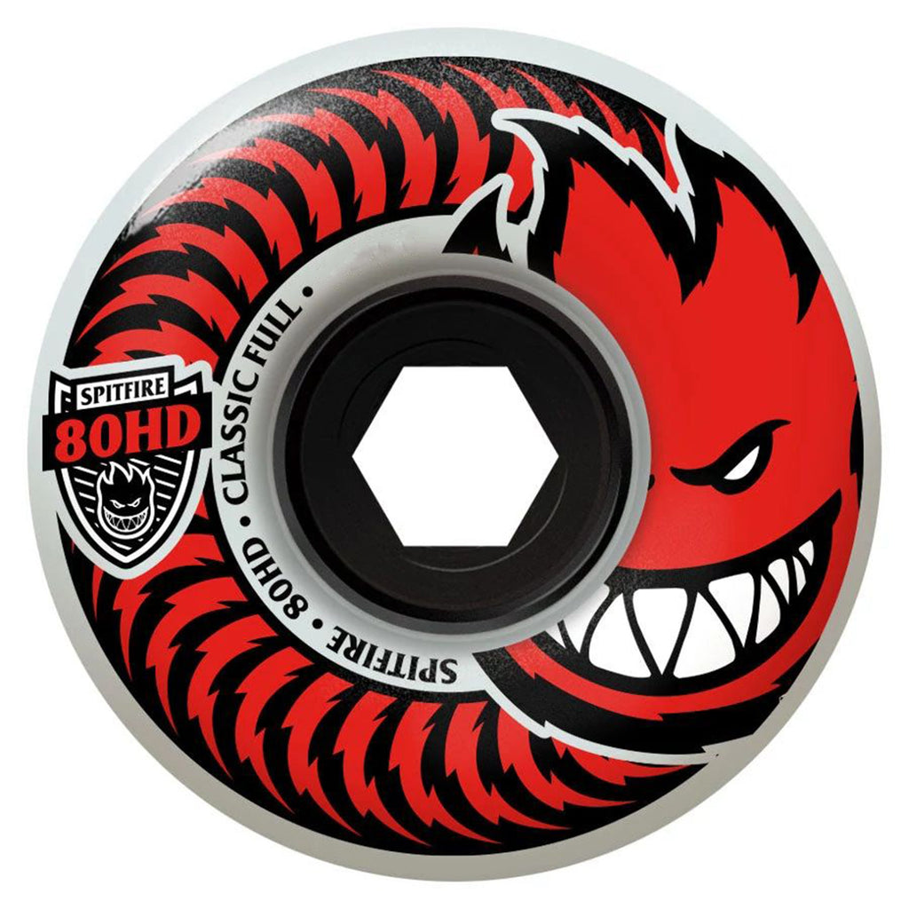 A classic red SPITFIRE 80HD CLASSIC FULL 58MM skateboard wheel with a fiery flame design.