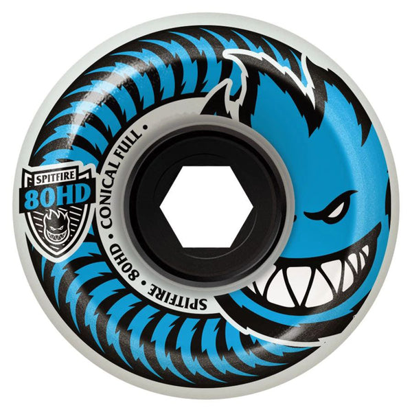 An SPITFIRE 80HD CONICAL FULL 54MM skateboard wheel with a blue and black design.