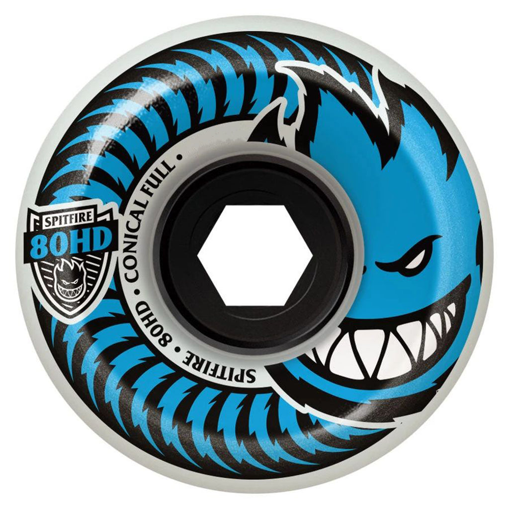 A SPITFIRE skateboard wheel with a blue and black design.