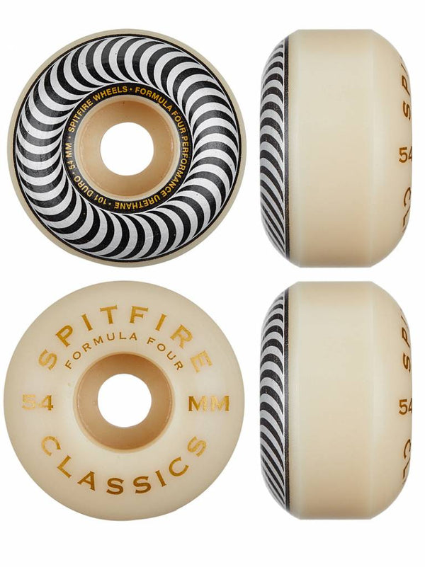 The SPITFIRE F4 CLASSIC 101D 54MM skateboard wheels proudly display the "SPITFIRE" branding and “54 MM” text. Their black and white swirl design on one side embodies Spitfire's performance legacy.