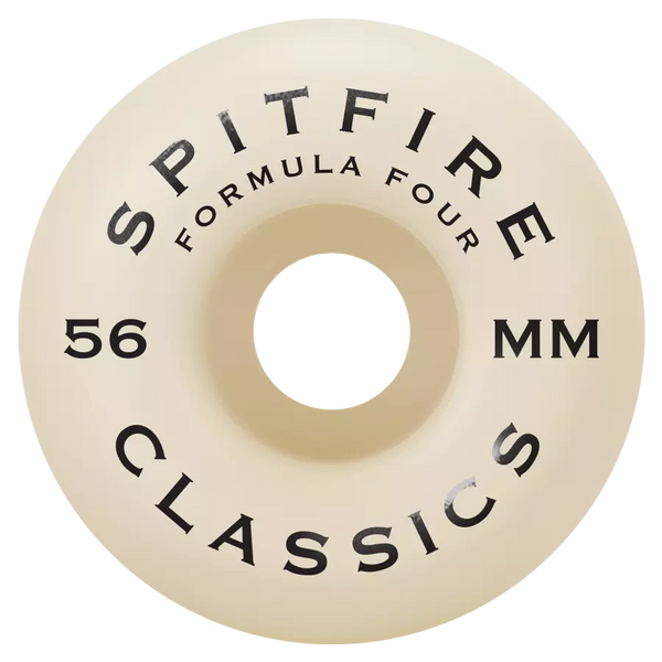 The SPITFIRE F4 CLASSICS 97D 56MM skateboard wheel by SPITFIRE features a cream color and black circular text, offering smooth, reliable performance from the renowned Formula Four line.
