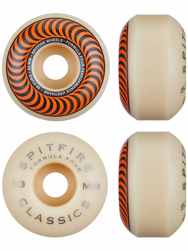 Four views of a SPITFIRE F4 CLASSIC 99D 53MM skateboard wheel showcasing the design and tread.