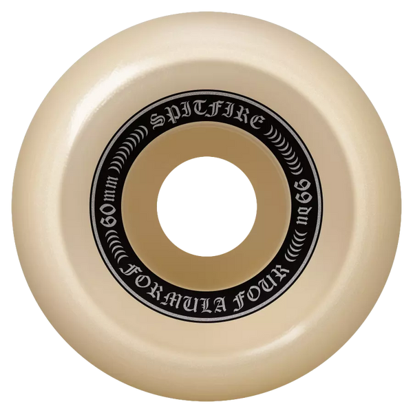 The SPITFIRE F4 O.G. CLASSICS 99A 60MM skateboard wheel by SPITFIRE is beige with black and white branding and "99A 60mm" printed on the inner circle.