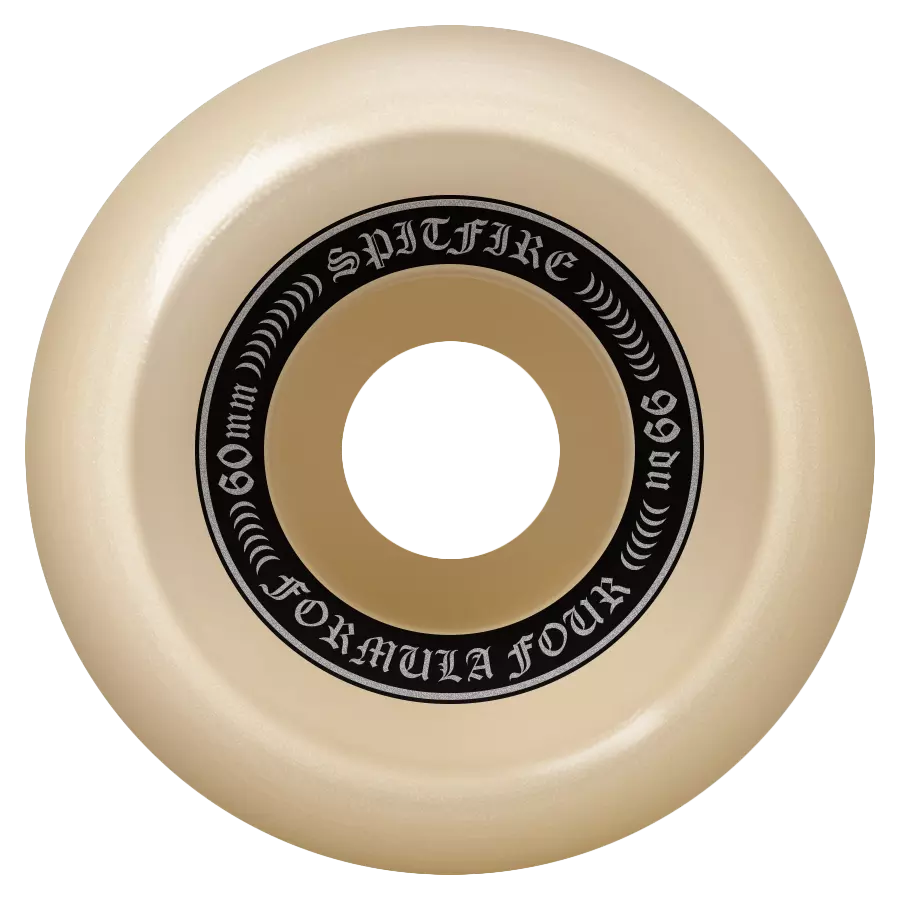 The SPITFIRE F4 O.G. CLASSICS 99A 60MM skateboard wheel by SPITFIRE is beige with black and white branding and "99A 60mm" printed on the inner circle.