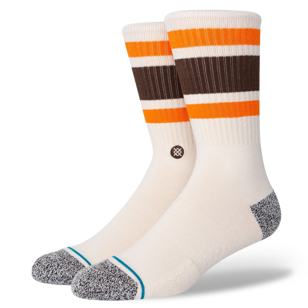 A pair of STANCE SOCKS BOYD ST OFF WHITE LARGE crew socks with orange and brown stripes and reinforced grey heel and toe areas.