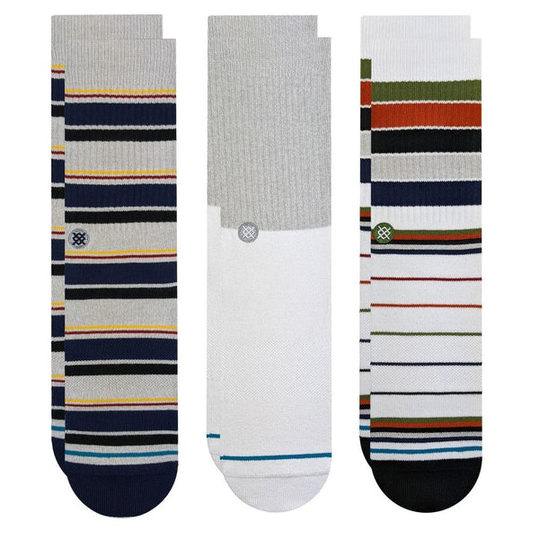 Three pairs of STANCE crew socks with different striped patterns on a white background, presented in the STANCE SOCKS DESTIN 3 PACK GREY LARGE.