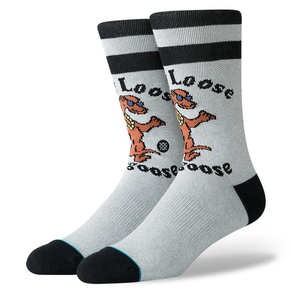 A pair of grey STANCE SOCKS GOOSE ON THE LOOSE LARGE with cartoon geese and the text "Goose on the Loose" on them.