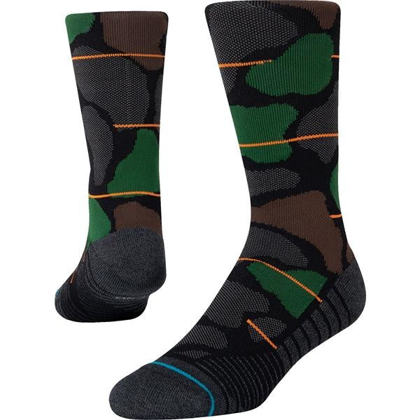 A pair of large STANCE SOCKS GRIT CREW socks with a camouflage pattern and orange and blue accents.