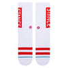 Replace the product in the sentence with: A pair of large STANCE SOCKS OG WHITE/RED with blue stripes, featuring the words "grace" and "smile" printed on the sides.