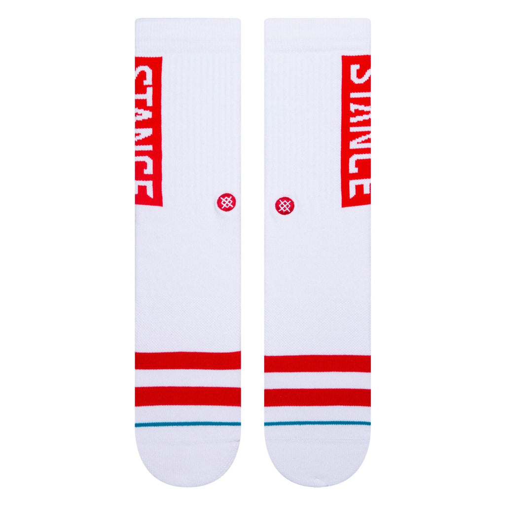 Replace the product in the sentence with: A pair of large STANCE SOCKS OG WHITE/RED with blue stripes, featuring the words "grace" and "smile" printed on the sides.