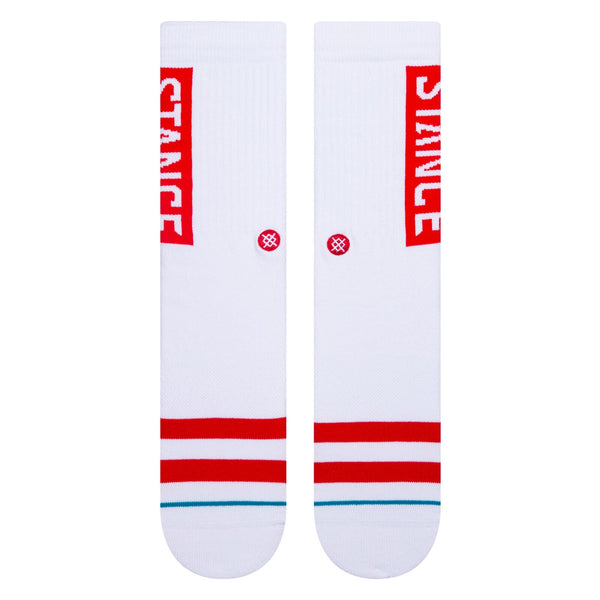 Replace the product in the sentence with: A pair of large STANCE SOCKS OG WHITE/RED with blue stripes, featuring the words "grace" and "smile" printed on the sides.