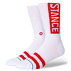 A pair of large STANCE SOCKS OG white/red with red stripes and logo.