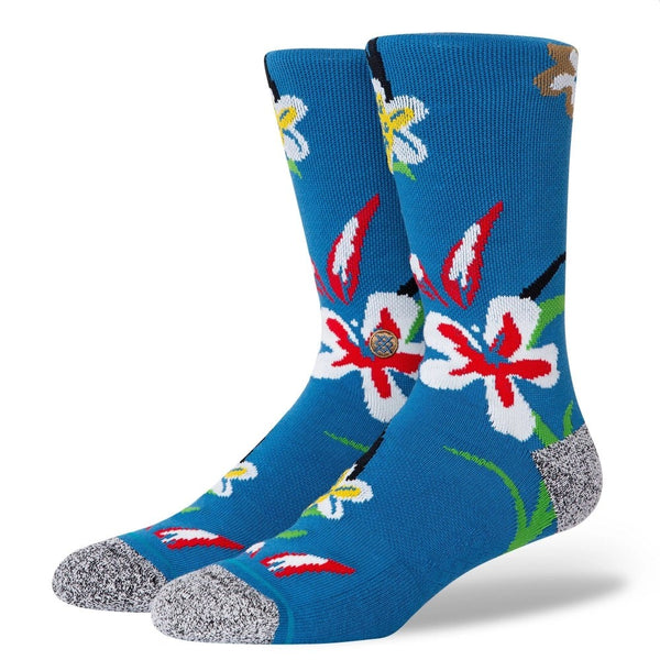 A pair of STANCE SOCKS OUR ROOTS LARGE with floral and bird patterns and gray heels and toes.