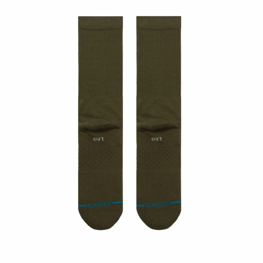 A pair of STANCE socks ICON green in size large with blue lines.