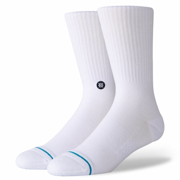 A pair of STANCE SOCKS ICON WHITE LARGE with a blue logo on them.