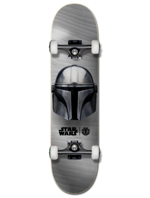 The ELEMENT STARWARS BESKAR 7.75 COMPLETE showcases The Mandalorian helmet graphic, white wheels, and black trucks—a must-have ELEMENT skateboard for Star Wars fans, ready to ride right out of the box.