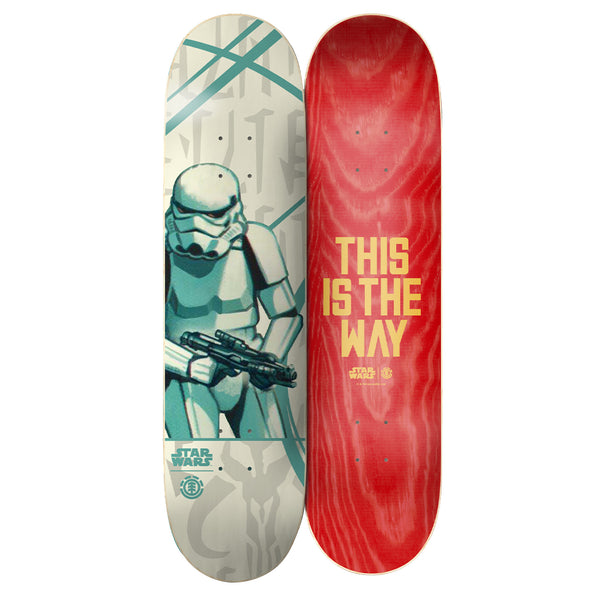 ELEMENT STARWARS STORM TROOPER 8.0 features a Storm Trooper graphic and Star Wars logo, while another deck boasts a red wood finish with bold yellow "THIS IS THE WAY" text—ideal for any STAR WARS skateboard fan.