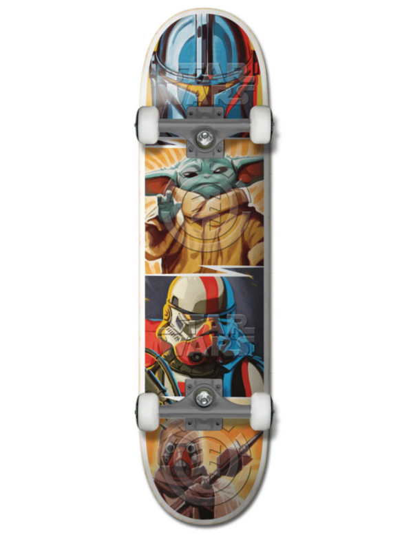 The ELEMENT STARWARS MANDALORIAN QUAD 8.0 COMPLETE features striking Mandalorian, Grogu, stormtrooper, and Jawa graphics—ideal for Star Wars fans seeking a standout skateboard deck from ELEMENT.