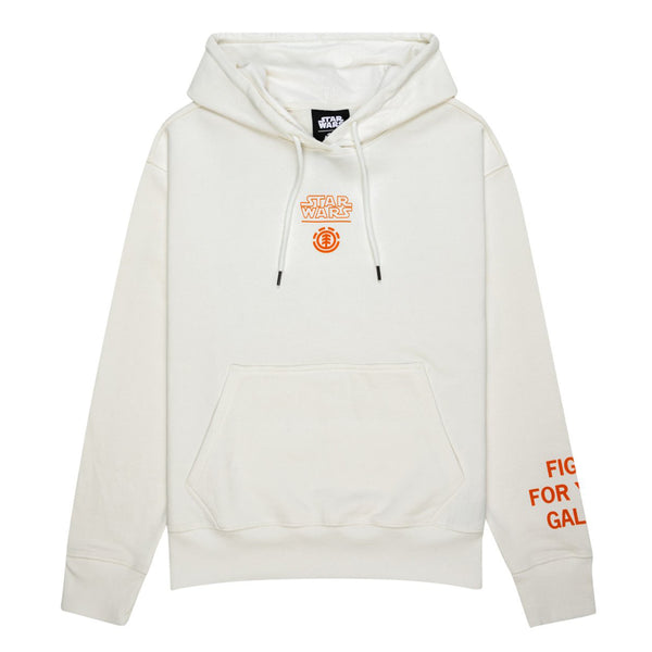 The ELEMENT X STARWARS FIGHT HOODIE OFF WHITE by ELEMENT features a front pouch, an embroidered logo on the chest, and the text "FIGHT FOR THE GALAXY" on the right sleeve.